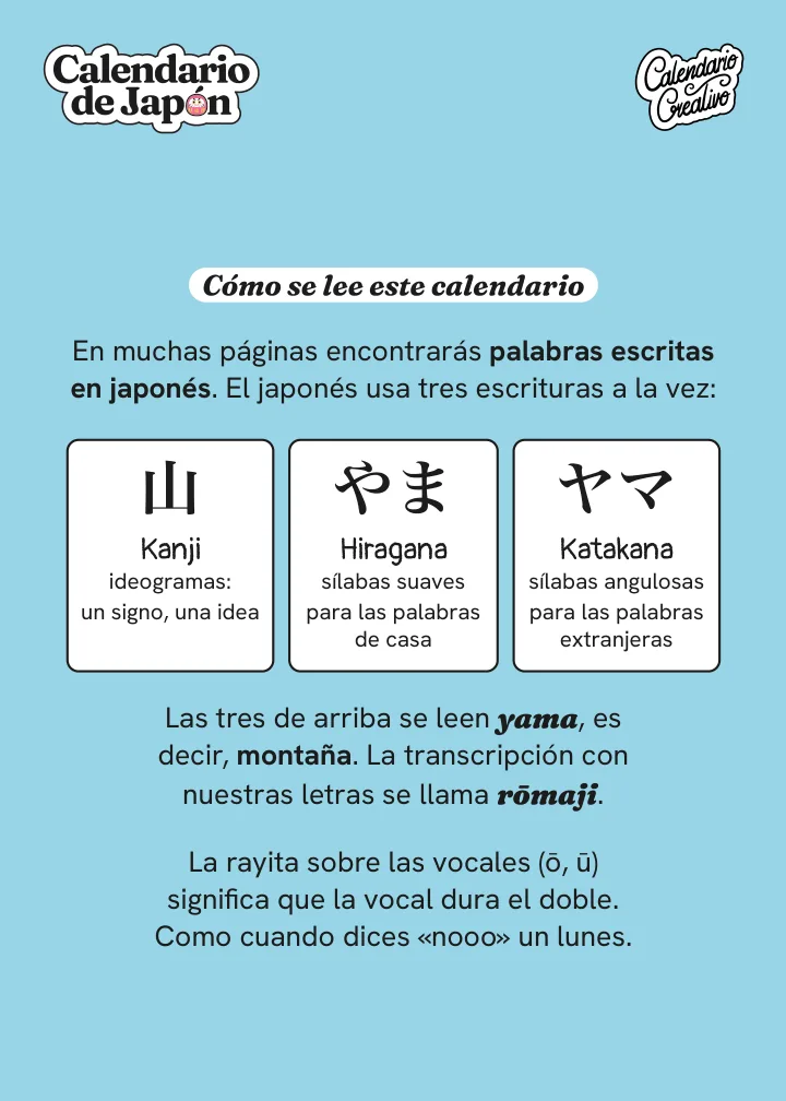 Página de introducción del calendario: cómo leer kanji, hiragana y katakana