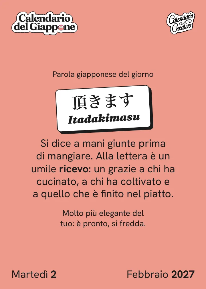 Foglio del martedì 2 febbraio 2027 del Calendario del Giappone 2027: Itadakimasu