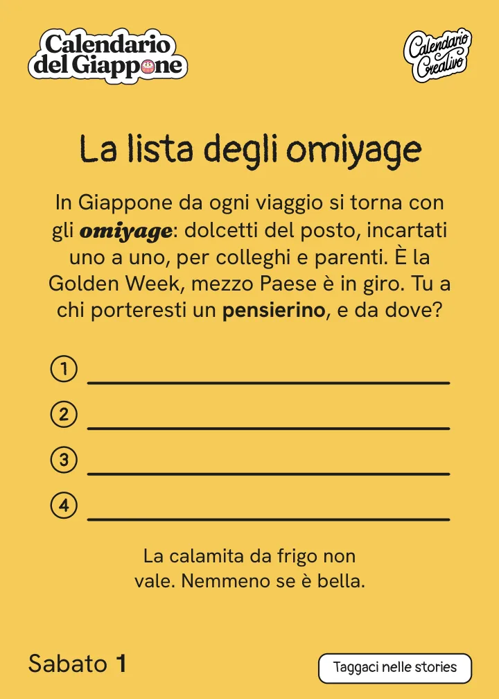 Foglio del sabato 1 maggio 2027 del Calendario del Giappone 2027: La lista degli omiyage