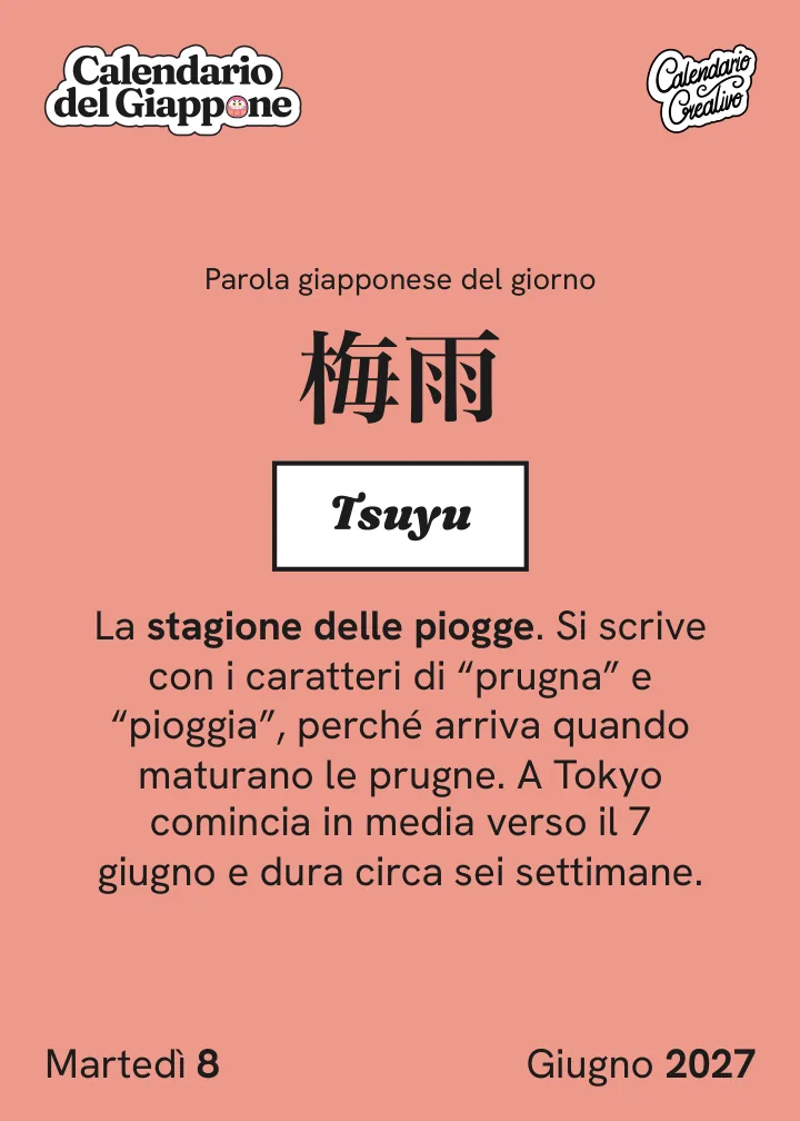 Foglio del martedì 8 giugno 2027 del Calendario del Giappone 2027: Tsuyu