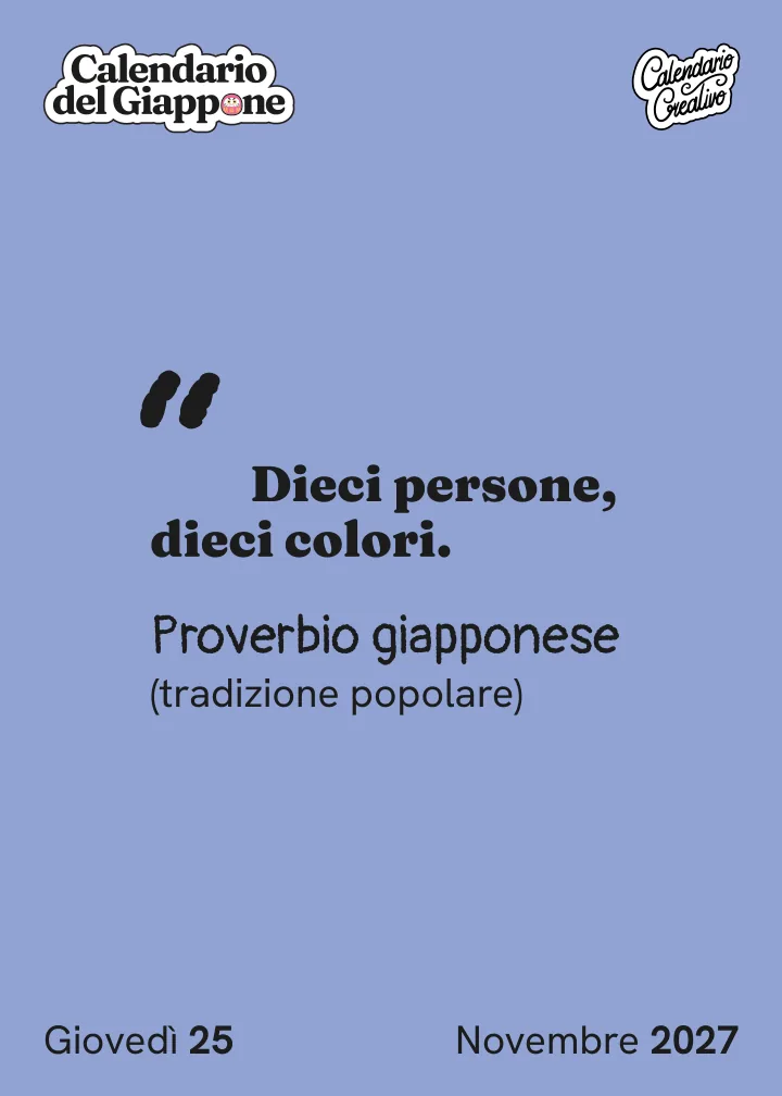 Foglio del giovedì 25 novembre 2027 del Calendario del Giappone 2027: "Dieci persone, dieci colori."