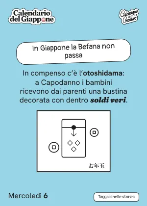 Foglio del mercoledì 6 gennaio 2027 del Calendario del Giappone 2027: In Giappone la Befana non passa