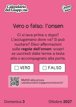 Foglio del domenica 3 ottobre 2027 del Calendario del Giappone 2027: Vero o falso: l'onsen