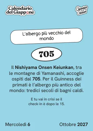 Foglio del mercoledì 6 ottobre 2027 del Calendario del Giappone 2027: L'albergo più vecchio del mondo
